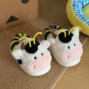 XIXITIAO Fun Cow Bee Student Warm Comfortable Winter Cotton Slippers for Men and Women Cute Bee Cow Couple Furry Shoes