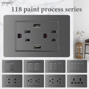VOLLIA Gray Wall Switch for Light 15amp Universal Wall Socket Outlet for House 118 Type Electrical Switch and Scoket Outlet Panel Modern 1/2/3/4 Gang 1/2/3 Way Switch Off/on Lamp 3 Pin Plug Sockets with USB Power Outlets Dimmer/Speed/doorbell Switches