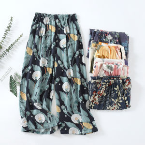 กางเกงขายาวทรงหลวมเอวสูงผ้าคอตตอนผสมไหมสำหรับผู้หญิงในฤดูร้อน กางเกงขายาวทรงหลวมยาวถึงเข่า ชุดนอนในบ้านสำหรับคนตัวเล็ก