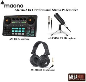Maono 3 In 1 Professional Studio Podcast Set (AM-200 Sound Card AU-PM360TR Microphone AU-MH601 Headphones)