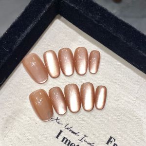 100% HANDMADE Artificial Nail Oval Shape Pomelo Champagne Gold Nude Cats Eye Phototpy Nails Fake Nails Reusable and Removable Nails with Toolkit