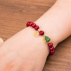 Lucky Imitation of Hotan Jade Cinnabar Red Gold Color Bead Natural Stone Beaded Bracelet for Women Bracelet Party Good Luck Gift