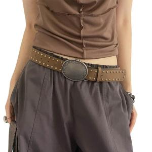 Carved Punk Style Womens Belt Adjustable Cowgirl PU Leather with Studded Rivets for Casual Outfits