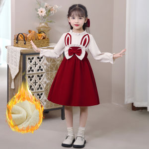 Childrens Dress Autumn and Winter Fleece-lined Thickened Rabbit Ears Princess Dress Girls Bow Western Style Winter Dress
