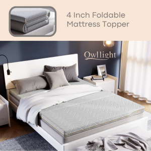 OWLLIGHT 4 Inch Queen Size Memory Foam Mattress Topper 4-Inch Thick with Anti-Slip Base Washable Cover and Medium Firm Support Travel-Friendly