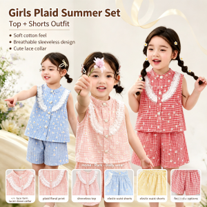 AILEBE Kids Sets Sleeveless Plaid Top Shorts Set Soft Breathable Cotton Summer Wear Cute Floral Prints With Lace Turn Down Collar Durable Fade-Resistant Easy Care OOTD Pambahay For Baby Girls 1-10 Years