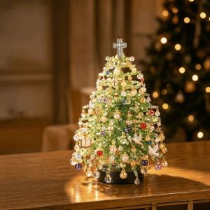 FOUNDTWO Crystal Bead DIY Beaded Christmas Tree Kit Handmade with Light Up Halloween Tree Making Kit DIY Supplies Sparkling Tabletop Xmas Tree Christmas