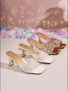 [Free Shipping] Square-Toed Color-Blocked High-Heeled Sandals For Women 2026 Summer New Style With Rhinestones And Unique Heel Design Elegant Sandals