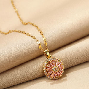OYJR Crystal Stainless Steel Necklace for Women 18K Gold Plated Pink Cubic Zirconia Good Luck Luxury Pendant Chain Jewelry