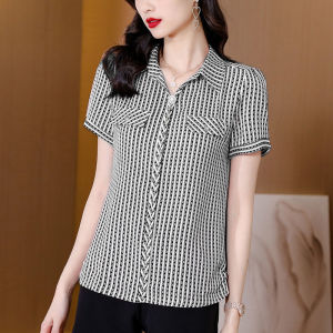 Ice Silk POLO Collar Blouse for Women Plus Size Summer Versatile Striped Three-quarter Sleeve Shirt
