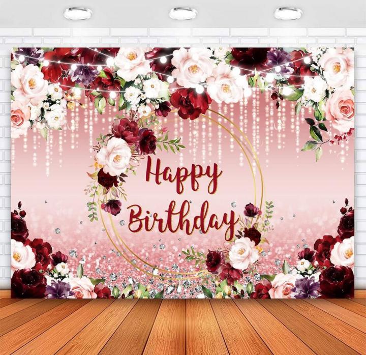 Floral Happy Birthday Backdrop Burgundy Flowers Rose Gold Glitter Bokeh ...