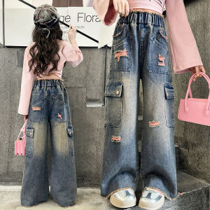 New Ripped Jeans for 7-16years Kids Girls Denim Jeans With Lace Belt Wide Leg Pants Teens Girls Straight Leg Pants Fashion Baggy Jeans Loose Pants New Style Fashion