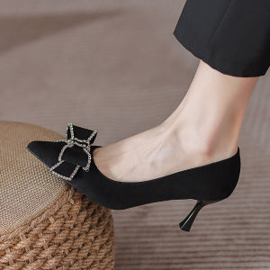 Free Shipping Comfortable High Heels New Styles In Larger Sizes Elegant And Stylish With Rhinestone Bow Details Black Shallow-Toe Pumps