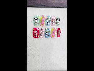 【HANDMADE+Free Glue】Real Photos Press on Nails Dopamine cartoon color hand-painted nails pink punk style skull rabbit nails Phototherapy Fake Nail Patch Artificial Nail Reusable