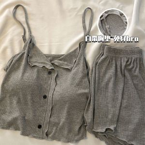 Baru musim panas Plus saiz baju tidur dengan Bra Pad perempuan perempuan Modal kapas Nighty musim panas Ins panas seksi Halter seluar pendek Set dua keping boleh dipakai di luar rumah pakaian kasual
