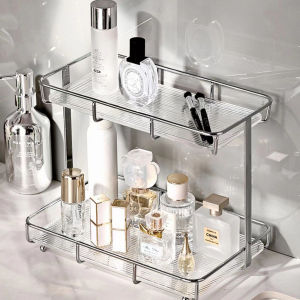 Kệ Đựng Mỹ Phẩm Đồ Trang Điểm 2 Tầng Cao Cấp Khung Làm Từ Thép Không Gỉ Viền Mạ Vàng Phong Cách Châu Âu Đẹp Tiện Dụng