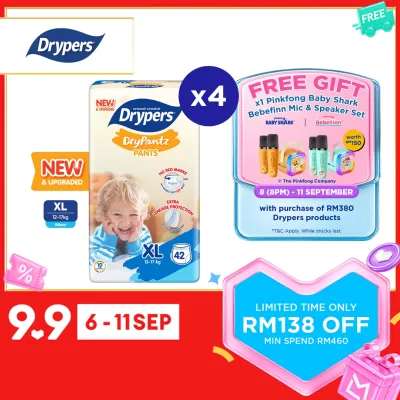 [UPGRADED] Drypers DryPantz Baby Diapers M58/ L48 / XL42 / XXL36/XXXL20/XXXXL18 (4 Packs) - Bubble Soft Fit Waist Baby Pants