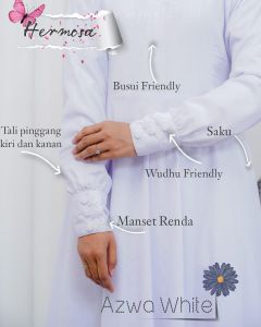 Gamis hermosa motif azwa bahan wolfis embos putih-gamis putih manasik haji-gamis putih umroh syari