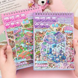 W0AGZ4J2 PET Miniature Scene Sticker Book Mini Visual Stacking DIY Landscape Sticker Book Kawaii 3D Pocket Cabin Scene Stickers Kids