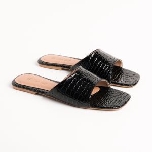 Sendal teplek Jumbo 41 42 43 44 45 wanita Sendal Flat Cewek kulit croco Hitam