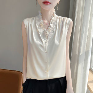 Slim-Fit Versatile Floral V-Neck Satin Sleeveless Blouse Elegant OL Style Silk Satin Vest Summer Shirt Inner Wear Casual Comfortable Breathable Blouse
