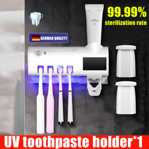 【3 in 1】1s sterilization UV Light Sterilizer Toothbrush Holder 99.9% sterilization rate Automatic Toothpaste Dispenser Ultraviolet Disinfection Wall Mount Paste Punch-free Bathroom Accessories Sterilizer Solar Energy Bathroom Toothpaste Squeeze Holder