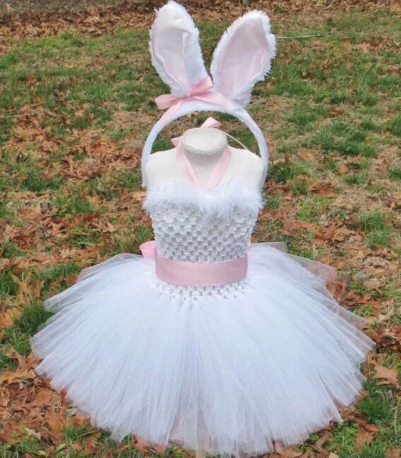 Girls White Rabbit Dress Baby Feather Tutu Dress with Pink