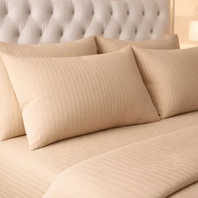 Hodeso Begie Stripe Bedsheet 4 in 1 Bedding Set No Lukot Bed Sheet Fitted Bedsheet with Pillowcase Single Double Queen King