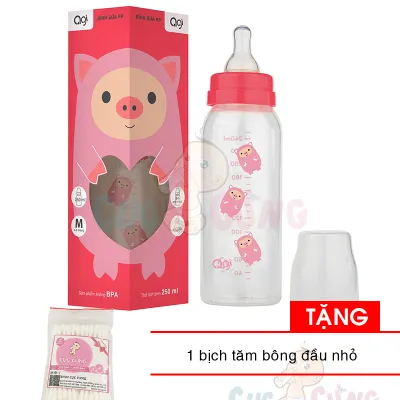 Bình sữa AGI Premium binh sua cổ thường 250ml Tặng 1 gói tăm bông đầu nhỏ - binh sua