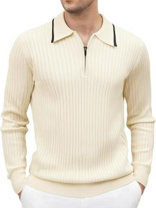 Esabel.C  Mens Knitwear  Polo  Long Sleeve Shirt with Ribbed Texture  Polo  Fashionable Collared Casual Golf Shirt