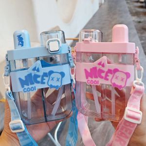 Botol Minum Aesthetic Tali Panjang Dual Sedotan 620ml