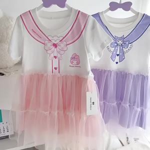 2024Sanrio Kuromi แต่งตัว Melody ของฉัน Cinnamoroll ฤดูร้อนผ้าฝ้ายแท้ชุดเจ้าหญิงการ์ตูนน่ารักตาข่ายกระโปรงเด็ก Jk ตาข่ายกระโปรง