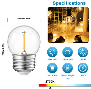 6 Packs G40 LED Replacement Bulbs E27 Screw Base 1W LED Ball Lamps Retro Warm White Filament Bulb for Outdoor Fairy Lights Party Patio Wedding Decorations