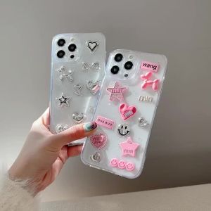 Cute 3D Love Heart Y2K Star Phone Case For iPhone 16 Pro Max Korea Spicy Girl Soft Cover Epoxy Glitter Shell Shockproof Cases