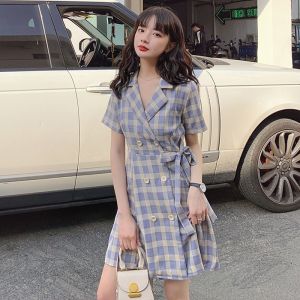 dandelia / DRESS KEMEJA KOTAK-KOTAK / YIC / dress biru muda / dress aline / dress kotak / Dress Lengan Pendek Motif Kotak-Kotak Untuk Wanita