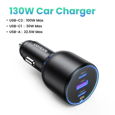 UGREEN 130W Car Charger Quick Charging PD3.0 Fast USB Type C Car Phone Charge For iPhone 16 Pro Max iPhone 17 Pro Max iPhone 15 Pro Max iPhone 14 13 12 Samsung S26 Ultra S25 Ultra HUAWEI Mate40 HUAWEI P60 Pro iPad Pro MacBook Air Laptops Tabet