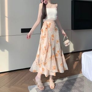 Summer  Floral Chiffon Skirt Women Elegant Wrap Hemline Ruffled Midi Skirt With Tie Waist