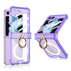 【Metal Bracket & Magsafe】KISSCASE for Samsung Z Flip6 Flip5 5G Flip4 Magsafe Wireless Charging Zflip5 Case Transparent Finger Ring Holder Stand Folding Hinge Shockproof Phone Case For Samsung Galaxy Z Flip 6 5 4 5G