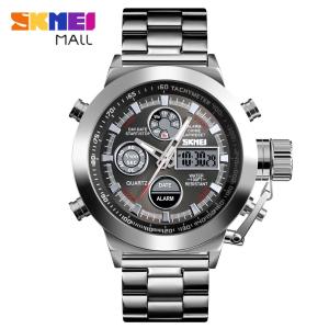 SKMEI 1515 Big Dial Men Dual Display Watch Quartz Digital Sport Wristwatch Hourly Chime Alarm Stainless Steel Stopwatch 3ATM Waterproof