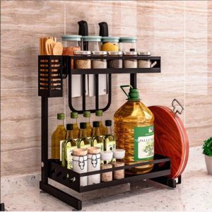 Kệ gia vị 2 tầng thép đen có chỗ để dao thớt - để đồ nhà bếp đa năng đầy đủ phụ kiện Full hộp Trùm Sỉ Gia Thành