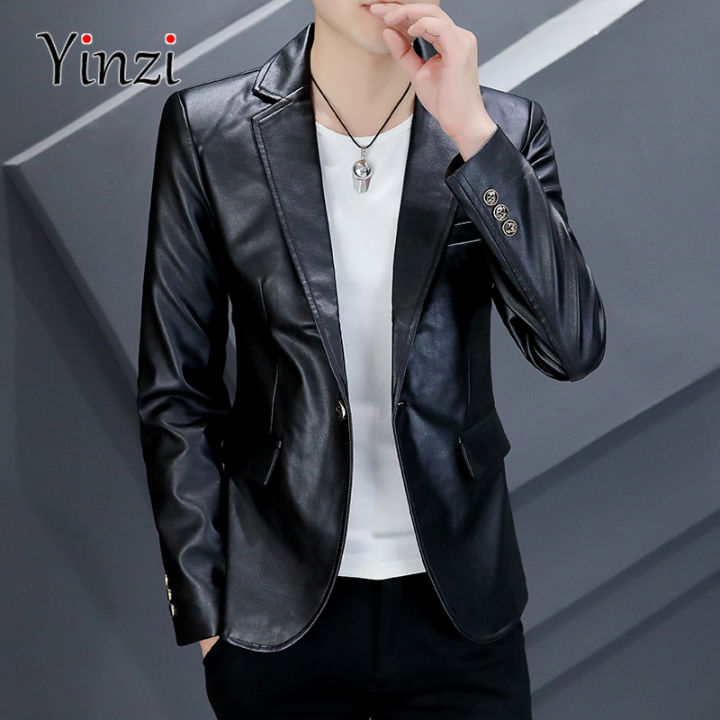 Men Fashion Leather Blazers High Quality Casual PU Leather Jackets - Main Image