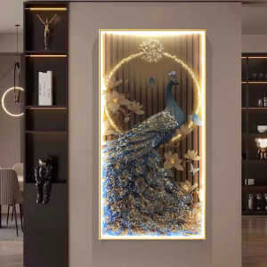 Tranh Đính Đá Pha Lê Đèn LED chim công Cao Cấp Treo Tường Decor Phòng Khách Cầu Thang Phòng Ngủ