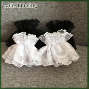 Aolie Lolita Hand Sleeve Wrist Cuffs Ruffled Floral Black Lace Elastic Bracelet Elegant Ladies Short Lace Gloves Halloween