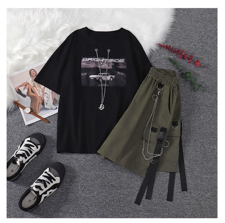 NEW 2023] Summer Unisex Two-piece For Women Cargo Set Korean Fashion T  Shirt Hippie Aesthetic 2 Piece Sets Wide Leg Shorts Tomboy Outfits