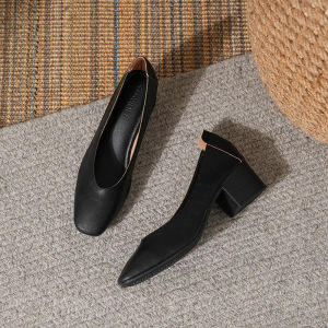Free Shipping Soft Leather 3.5Cm Thick Heel Mid-Heel WomenS Shoes New Spring And Autumn Styles Square Toe Professional Work Shoes Comfortable And Non-Slip Grandma Shoes