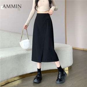 Ammin กระโปรงยาวตรงเย็บแบบไม่สม่ำเสมอสำหรับผู้หญิงกระโปรงสตรีสีทึบสไตล์เกาหลีเรียบง่ายฤดูใบไม้ผลิและฤดูใบไม้ร่วงกระโปรงวินเทจสง่างามสง่างามมีซิปที่เอวดีไซน์เป็นเส้นตัดเอว