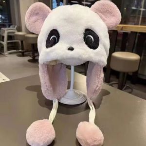 LUSIT Mùa đông Mũ nhung lông Gấu trúc hoạt hình dễ thương Chống gió Mũ Beanie Xu hướng Thường ngày Mũ bảo vệ tai Dành cho trẻ em
