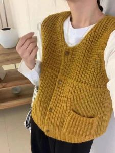 AN-9680 Wool Waistcoat Vests Tops For Women With Pockets Buttons Down Casual Office Knitted Blouse Tops High Quality