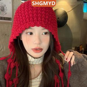 [COD] SHGMYD SPORTS หมวกบีนนี่ไหมพรมถักไหมพรมทำมือสำหรับฤดูใบไม้ร่วงฤดูหนาวหมวกขนสัตว์กันลมมีพู่แบบสวมหัว