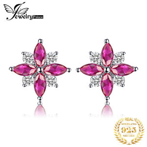 JewelryPalace Flower Cross Created Ruby 925 Sterling Silver Stud Earrings for Woman Statement Gemstone Jewelry Birthday Gift